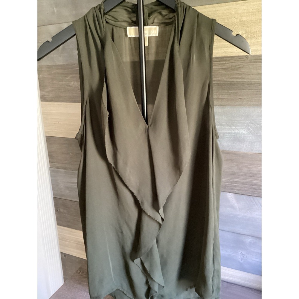 Michael Kors Women Olive Green Small Sleeveless Blouse With Draped Surplice Neck